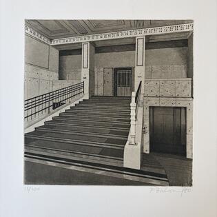 Radierung von Franz Zadrazil- Otto Wagner, Postsparkasse